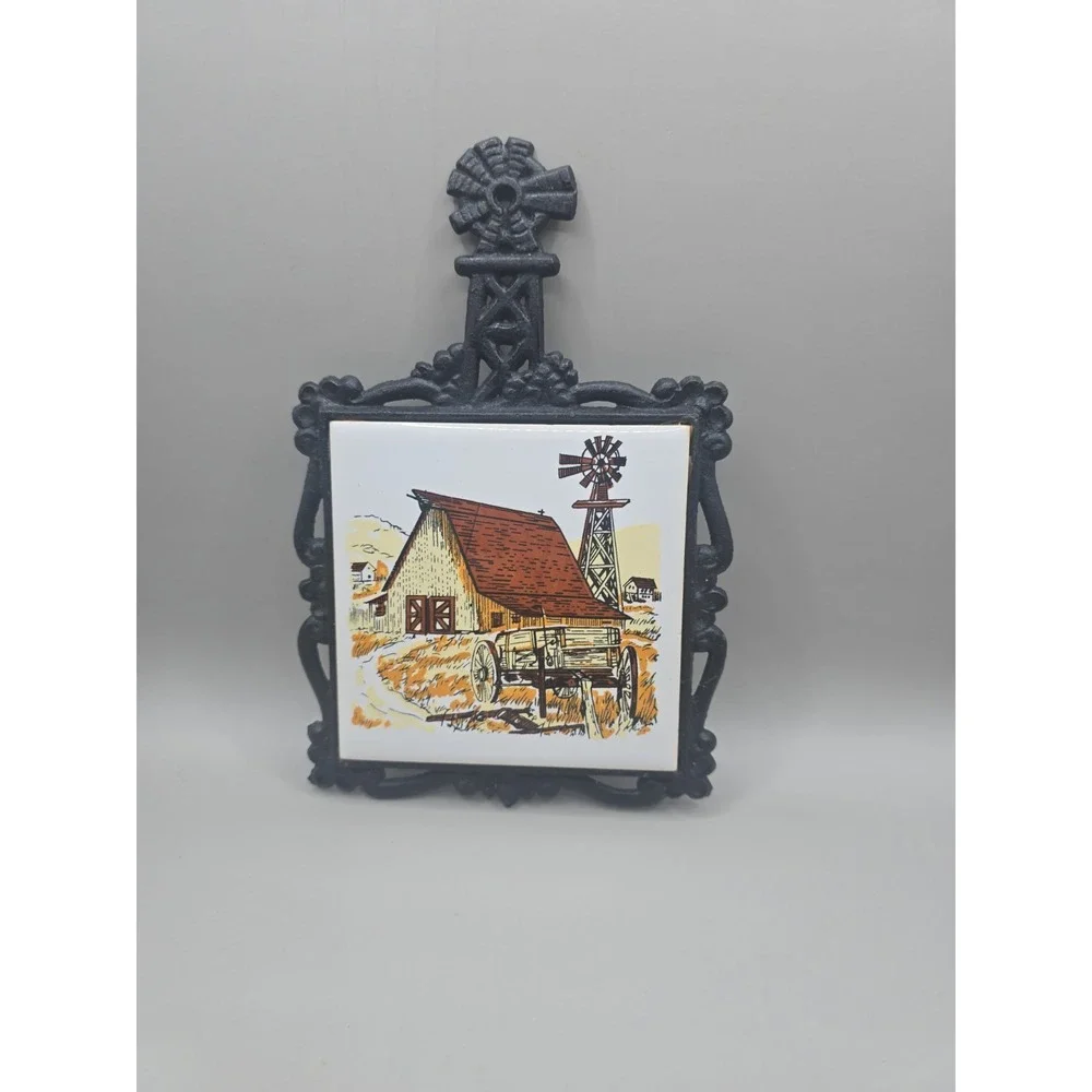 Vintage Taiwan Cast Iron Barn Scene Tile Trivet or Wall Decor